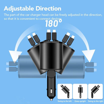 Retractable Car Charger, 4 in 1 Super Fast Car Phone Charger 60W, 2 Retractable Cables and 2 USB Ports Car Charger Adapter,Compatible with Iphone 16/15/14/13/12/11,Air-Pods 4,Galaxy,Pixel