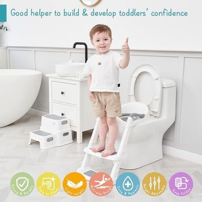 Potty Training Toilet Seat with Step Stool Ladder, Toddler Kids White-Grey