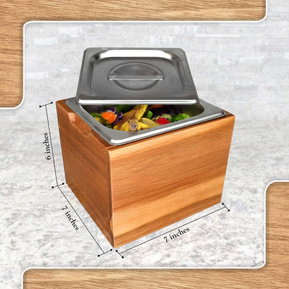 Kitchen Compost Bin- Rust Proof Stainless Steel Insert, Countertop Compost Bin with Lid and Acacia Wood Box- Small Compost Bin Kitchen