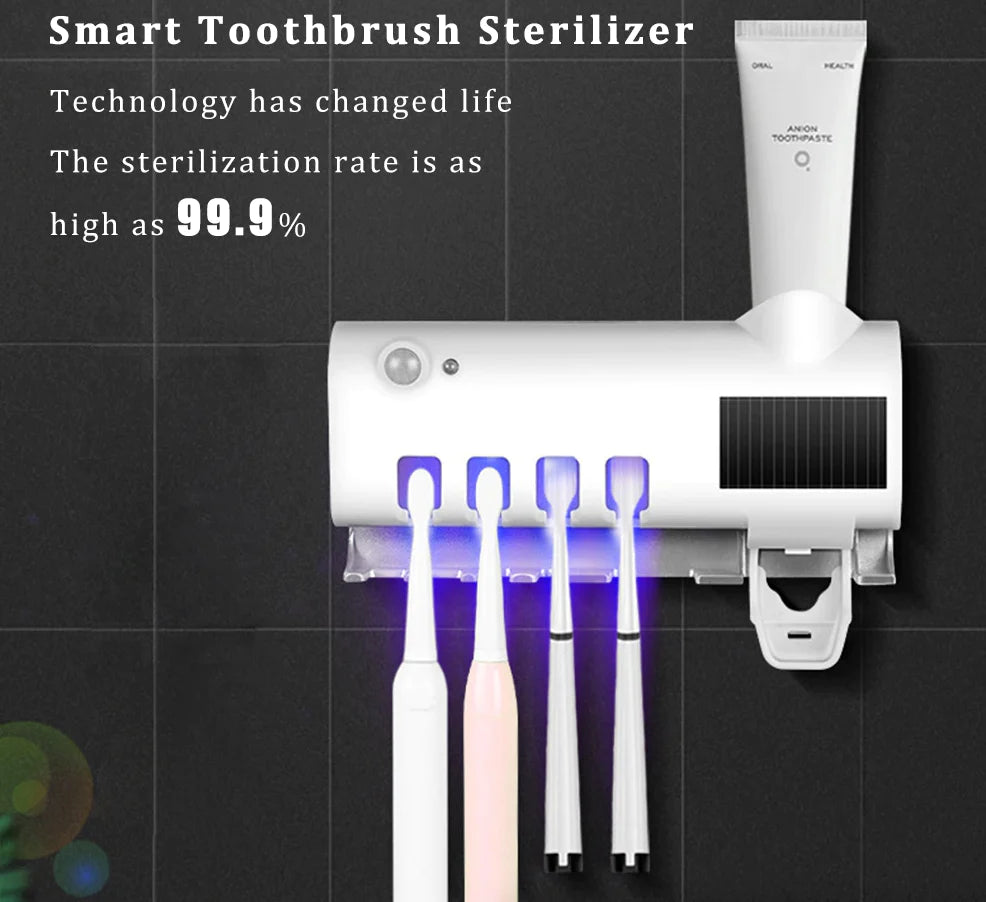 UV Light Sterilizer Toothbrush Holder Cleaner & Automatic Toothpaste Dispenser