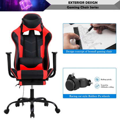 Gaming Chair Racing Office Chair Ergonomic Desk Chair Massage PU Leather Recliner PC Computer Chair with Lumbar Support Headrest Armrest Footrest Rolling Swivel Task Chair for Adults, Red