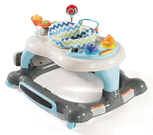 3-In-1 Activity Walker and Rocker with Jumping Board Feeding Tray, Interactive Toy Tray for Toddlers Infants, Blue/Gray