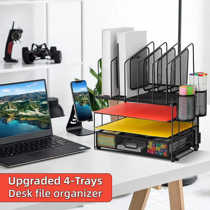 Desk Organizer with Drawer, 4-Tier Mesh Desk File Organizer with 5 Vertical File Holders and 2 Pen Holders, Multifunction Desktop Organizer,Desk Organizers and Accessories for Home Office