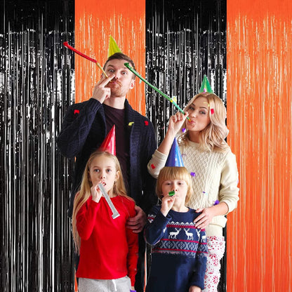 Halloween Party Decoration Black and Orange Foil Fringe Curtains, 4PCS 3.28 X 8.2FT Tinsel Door Curtains Photo Booth Backdrop for Halloween Party Wedding Birthday Baby Shower