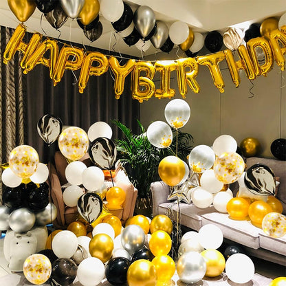 Black Gold Happy Birthday Party Balloons Set with Filling Pump Black Golden Happy Birthday Party Decorations Black Silver White Golden Happy Birthday Party Supplies