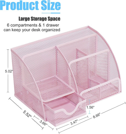 Desk Organizer Office Accessories, Multi-Functional Mesh Desk Organizer with 6 Compartments and 1 Drawer for Home, Office, School, Workshop, Kitchen (Pink)