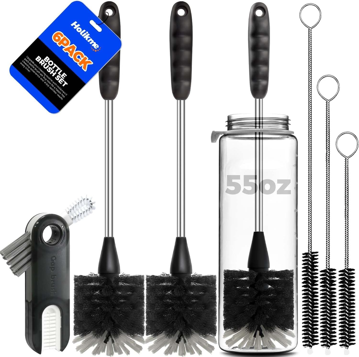 6 Pack Bottle Brush Set, 14" Long Handle Stainless Steel Bottle Cleaner Brush, 3 Straw Brushes, 3-In-1 Bottle Cleaning Brush for Water Bottle, Baby Bottle, Straws Black