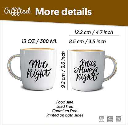 Triple  Mr Right and Mrs Always Right Coffee Mugs Gifts for Couple, Engagement Anniversary Day Wedding, Women, Couples, Bride Groom, Christmas, Newlywed, Valentine'S, Gift, His and Hers Set