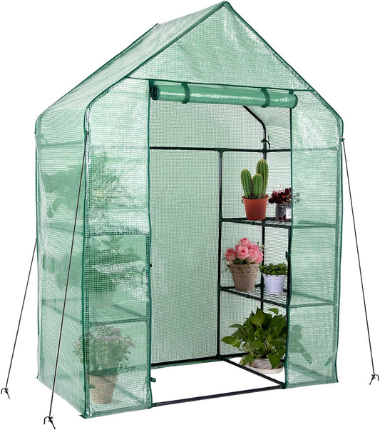 Greenhouse, Walk-In Green House with PE Cover and Roll-Up Zipper Door, 3 Tiers 4 Shelves, Indoor Outdoor Greenhouse for Plants, Herbs, Flowers-4.7’X2.4’X6.4’