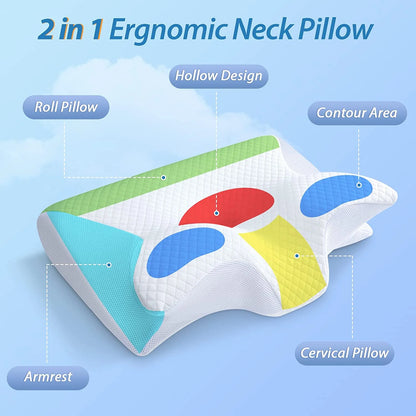 Memory Foam Cervical Sleeping Pillow, 2 in 1 Ergonomic Contour Orthopedic Pillow for Neck Pain, Contoured Support Pillows for Side Back Stomach Sleepers 3.3Lb (White)