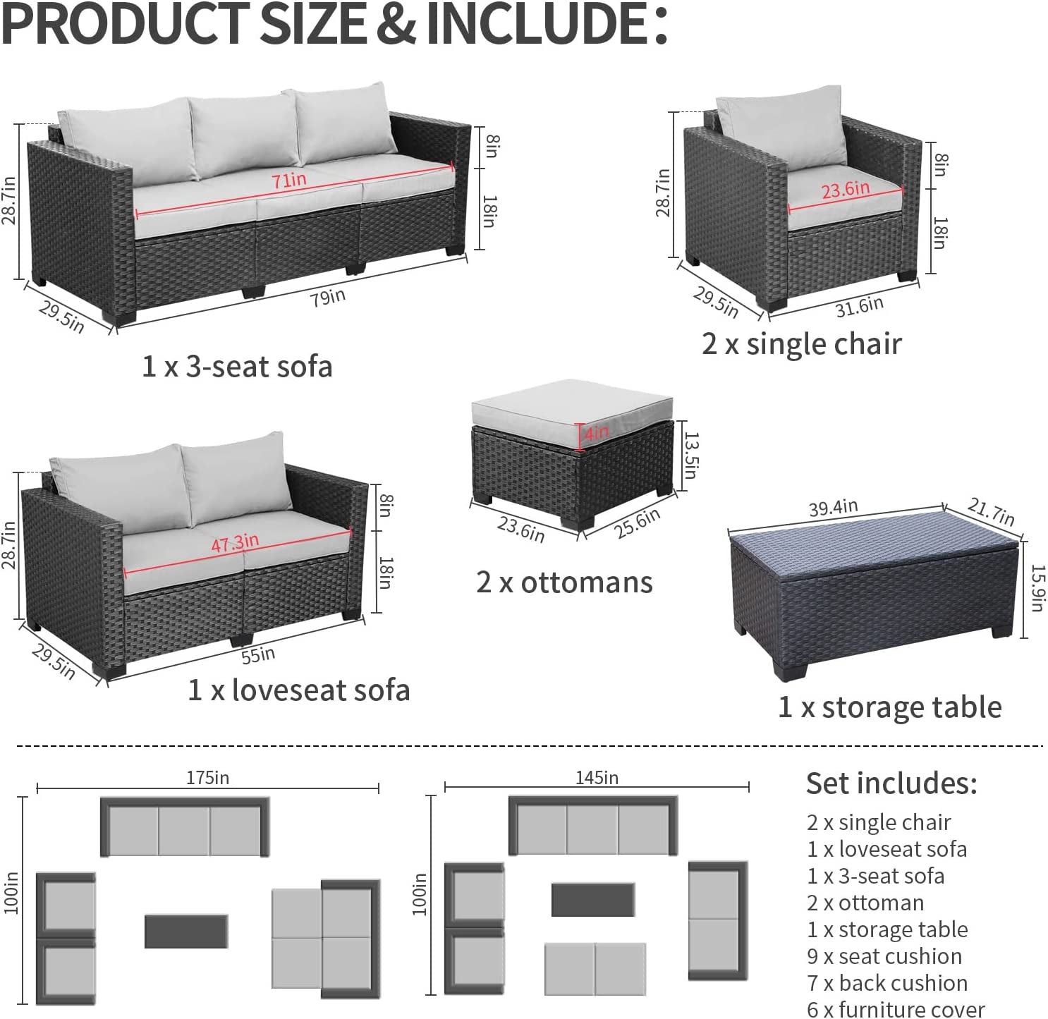 Patio Furniture Sets 7 Pieces Outdoor Furniture Sectional Patio Couches Set with Storage Table Light Grey Cushions