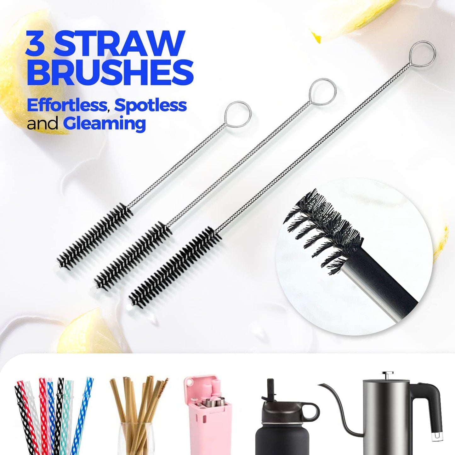 6 Pack Bottle Brush Set, 14" Long Handle Stainless Steel Bottle Cleaner Brush, 3 Straw Brushes, 3-In-1 Bottle Cleaning Brush for Water Bottle, Baby Bottle, Straws Black