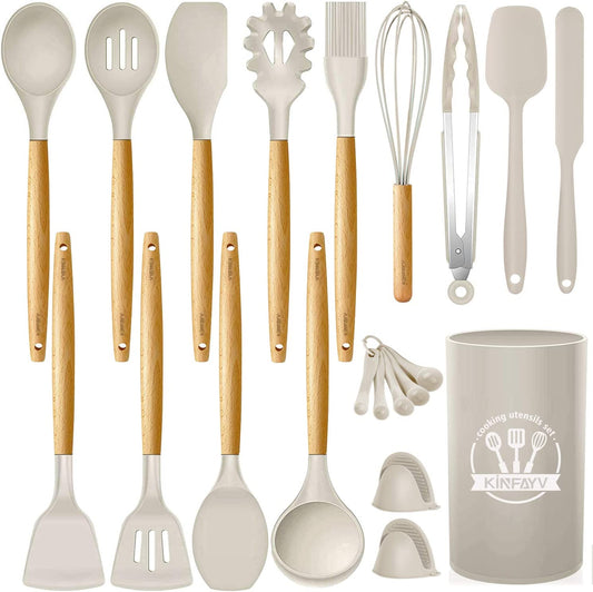 Silicone Cooking Utensils Kitchen Utensil Set, 21 PCS Wooden Handle Nontoxic BPA Free Silicone Spoon Spatula Turner Tongs Kitchen Gadgets Utensil Set for Nonstick Cookware with Holder (Khaki)