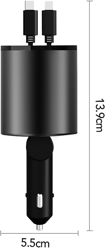 Retractable Car Charger, 4 in 1 Super Fast Car Phone Charger 60W, 2 Retractable Cables and 2 USB Ports Car Charger Adapter,Compatible with Iphone 16/15/14/13/12/11,Air-Pods 4,Galaxy,Pixel