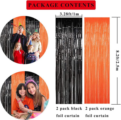 Halloween Party Decoration Black and Orange Foil Fringe Curtains, 4PCS 3.28 X 8.2FT Tinsel Door Curtains Photo Booth Backdrop for Halloween Party Wedding Birthday Baby Shower