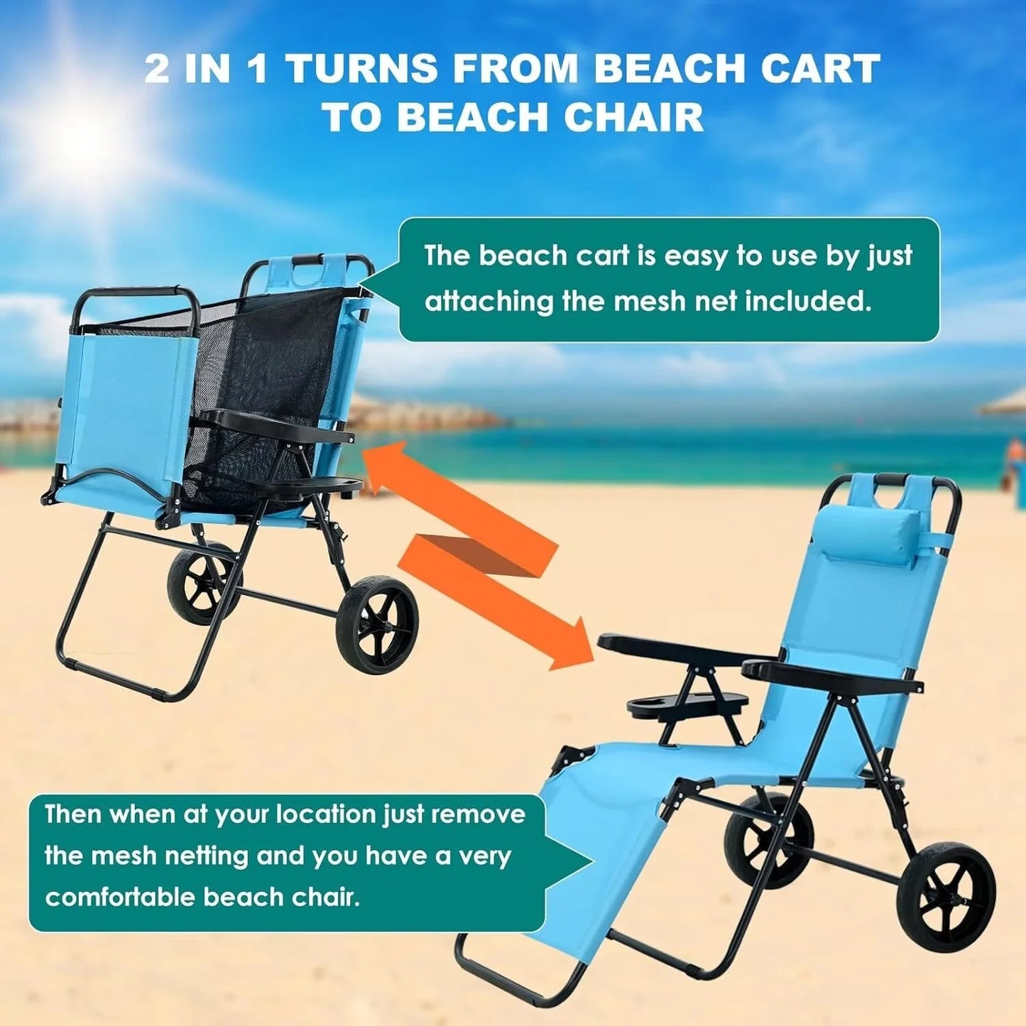 Lightweight Beach Chair, 2-In-1 Beach Chair Combo Cart Lounge Chair with Heavy Wheels, Outdoor Sunbathing Folding Beach Tanning Chair Sun Chair for Beach, Pool or Picnic