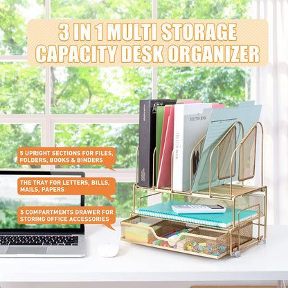 Gold Desk Organizer and Accessories Storage with 5 Vertical File Folder Holders, 2 Paper Tray, Drawer for Women Office, Home, Dorm, Workspace to Collect Office Supplies