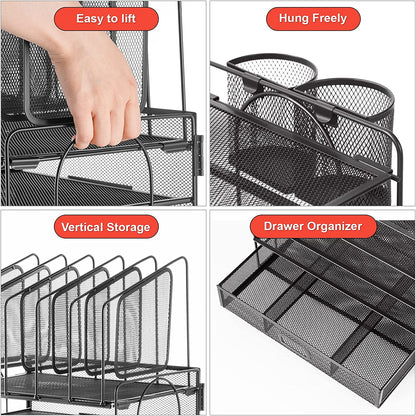 Desk Organizer with Drawer, 4-Tier Mesh Desk File Organizer with 5 Vertical File Holders and 2 Pen Holders, Multifunction Desktop Organizer,Desk Organizers and Accessories for Home Office