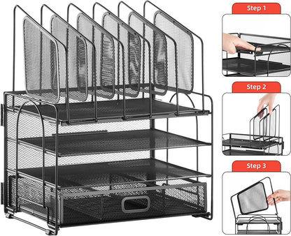 Desk Organizer with Drawer, 4-Tier Mesh Desk File Organizer with 5 Vertical File Holders and 2 Pen Holders, Multifunction Desktop Organizer,Desk Organizers and Accessories for Home Office