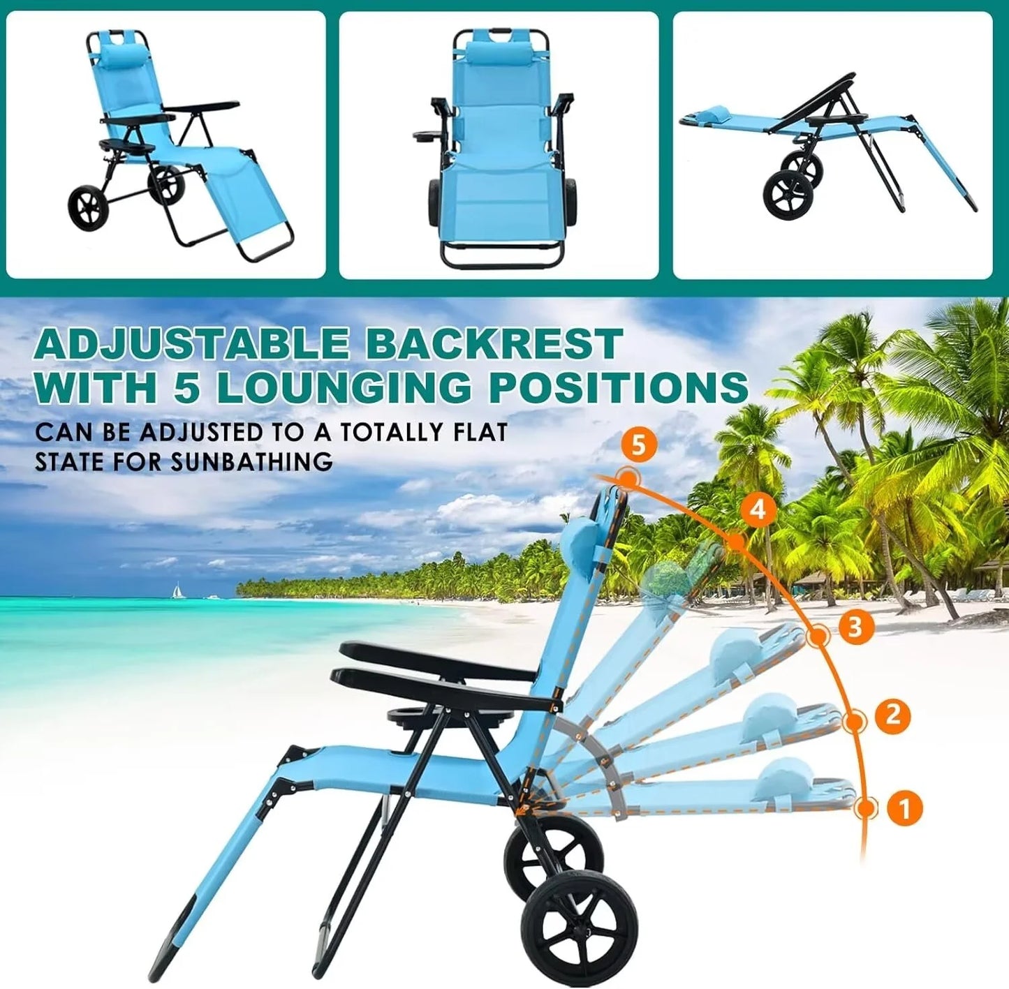 Lightweight Beach Chair, 2-In-1 Beach Chair Combo Cart Lounge Chair with Heavy Wheels, Outdoor Sunbathing Folding Beach Tanning Chair Sun Chair for Beach, Pool or Picnic