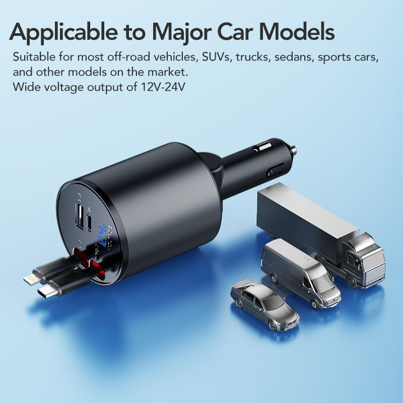 Retractable Car Charger, 4 in 1 Super Fast Car Phone Charger 60W, 2 Retractable Cables and 2 USB Ports Car Charger Adapter,Compatible with Iphone 16/15/14/13/12/11,Air-Pods 4,Galaxy,Pixel