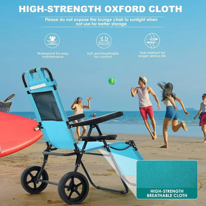 Lightweight Beach Chair, 2-In-1 Beach Chair Combo Cart Lounge Chair with Heavy Wheels, Outdoor Sunbathing Folding Beach Tanning Chair Sun Chair for Beach, Pool or Picnic