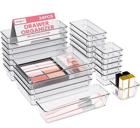 Clear Acrylic Makeup Drawer Organizer 24 Pcs, 4-Size Drawer Organizers with Silicone Pads - for Vanity, Bathroom, Kitchen, Office