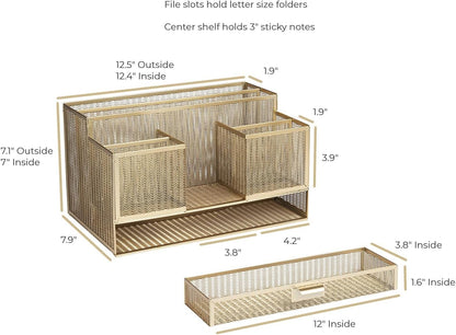 Gold Desk Organizer with Sticky Note & File Holder – Office Accessories & Workspace Storage, Vanity & Bathroom Countertop Organizer