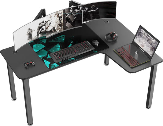 L Shaped Gaming Desk, 60 Inch Corner Computer Desk, Study Writing Desk, Ergonomic Gaming Table Workstation with Large Mouse Pad, Sturdy Metal Frame, Easy to Assemble, Right Side Black