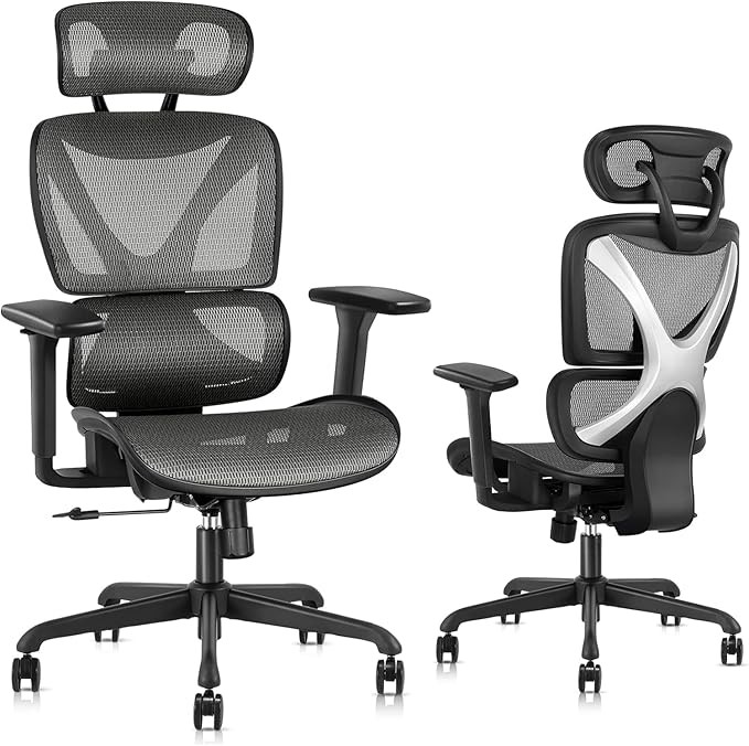 Silla de oficina ergonómica, silla de malla grande y alta con soporte lumbar, brazos 3D ajustables, reclinable, reposacabezas y asiento grande - Silla de escritorio de oficina en casa para hombre y mujer (gris)