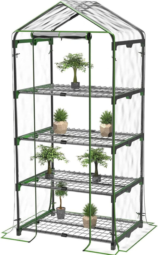 Small Plant Greenhouses Kit Outdoor Indoor with 4 Tiers Shelves, Improved Transparent PVC Cover, L27.16''Xw19.29''Xh62.99''