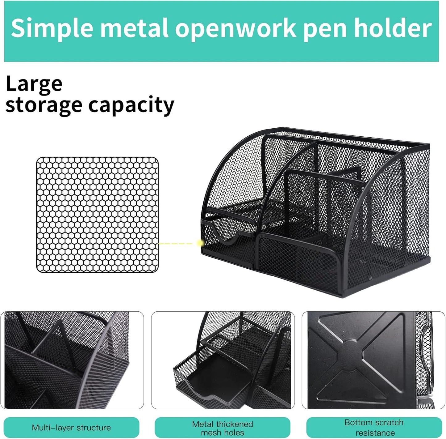 Desk Organizer Pen Holder with 6 Compartments and 1 Drawer,Office Supply Organizer for School,Office Supplies and Desk Accessories, Small Desk Organizer Black