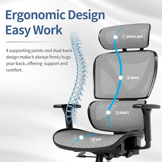 Silla de oficina ergonómica, silla de malla grande y alta con soporte lumbar, brazos 3D ajustables, reclinable, reposacabezas y asiento grande - Silla de escritorio de oficina en casa para hombre y mujer (gris)