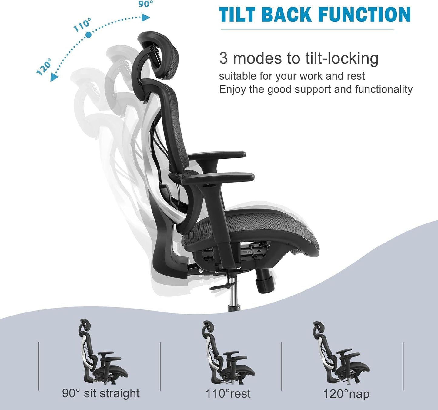 Silla de oficina ergonómica, silla de malla grande y alta con soporte lumbar, brazos 3D ajustables, reclinable, reposacabezas y asiento grande - Silla de escritorio de oficina en casa para hombre y mujer (gris)