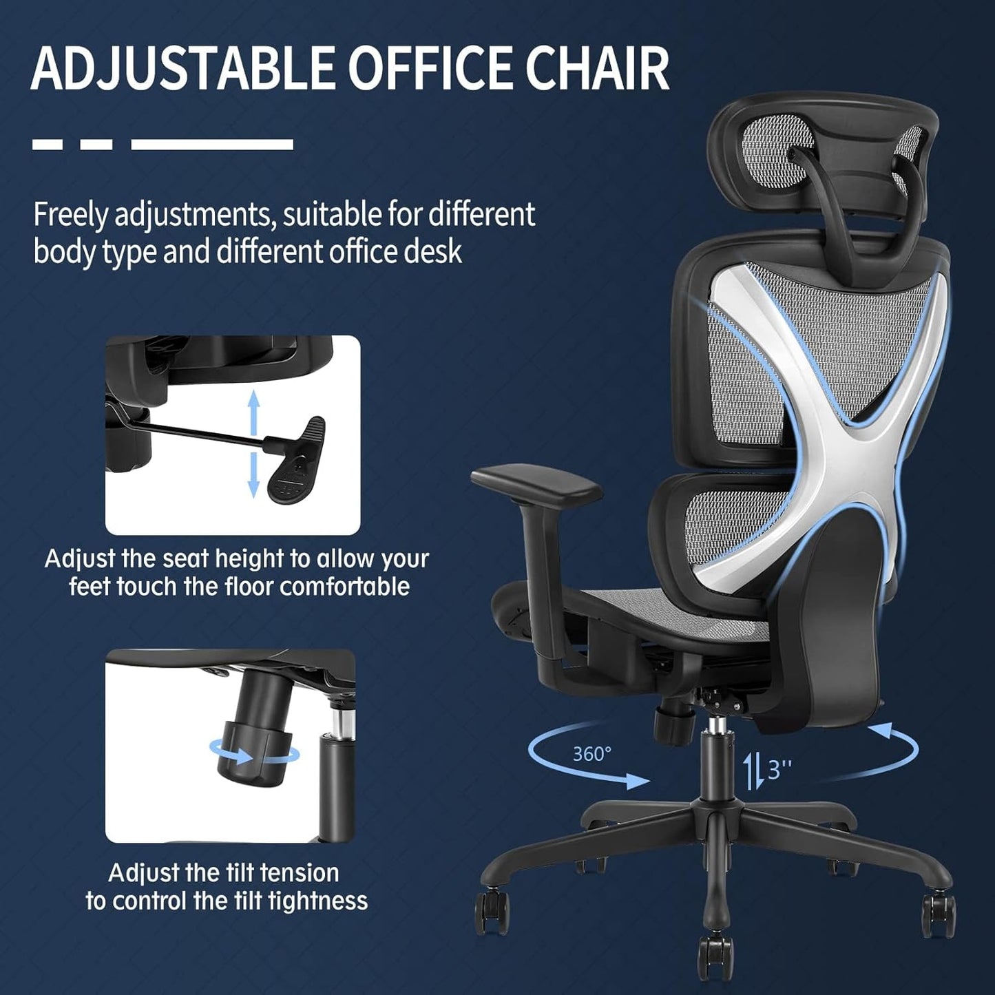 Silla de oficina ergonómica, silla de malla grande y alta con soporte lumbar, brazos 3D ajustables, reclinable, reposacabezas y asiento grande - Silla de escritorio de oficina en casa para hombre y mujer (gris)