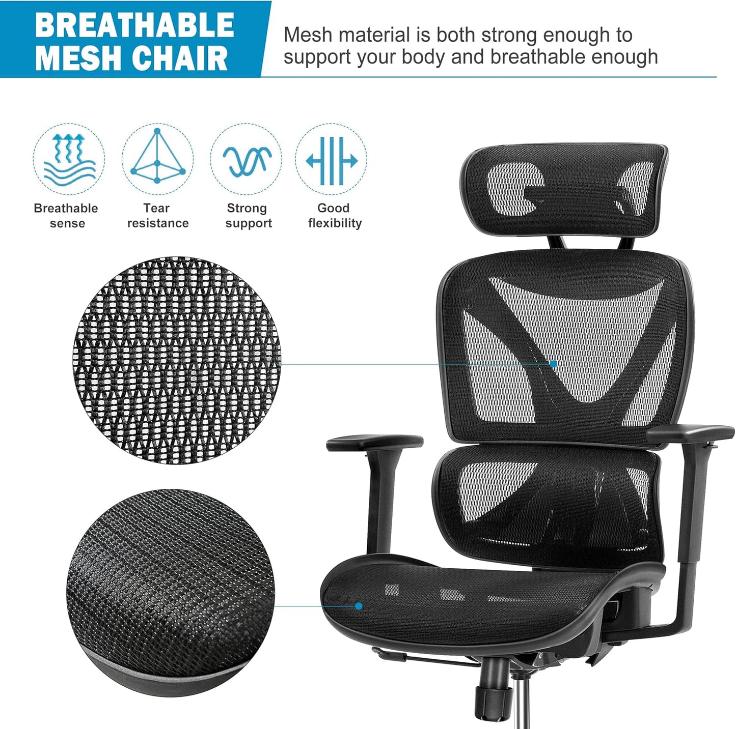 Silla de oficina ergonómica, silla de malla grande y alta con soporte lumbar, brazos 3D ajustables, reclinable, reposacabezas y asiento grande - Silla de escritorio de oficina en casa para hombre y mujer (gris)