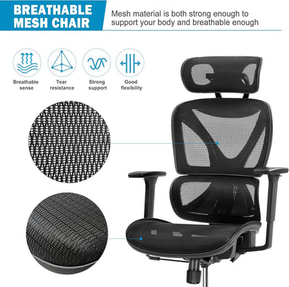 Silla de oficina ergonómica, silla de malla grande y alta con soporte lumbar, brazos 3D ajustables, reclinable, reposacabezas y asiento grande - Silla de escritorio de oficina en casa para hombre y mujer (gris)