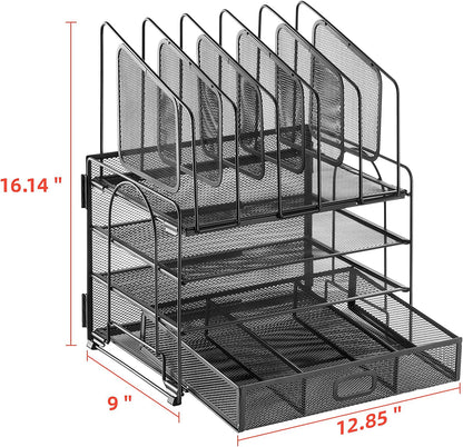 Desk Organizer with Drawer, 4-Tier Mesh Desk File Organizer with 5 Vertical File Holders and 2 Pen Holders, Multifunction Desktop Organizer,Desk Organizers and Accessories for Home Office