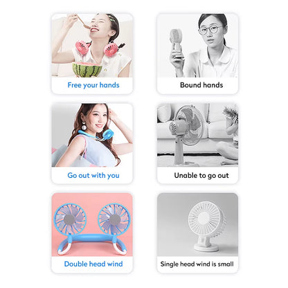 USB Portable Fan Cold Fan Hands Free Neck Fan Hanging Rechargeable Mini Sports Fan 3-Speed Adjustable Neck Dual Fan Home Office