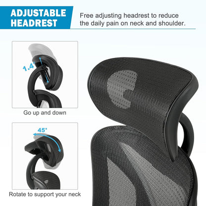 Silla de oficina ergonómica, silla de malla grande y alta con soporte lumbar, brazos 3D ajustables, reclinable, reposacabezas y asiento grande - Silla de escritorio de oficina en casa para hombre y mujer (gris)