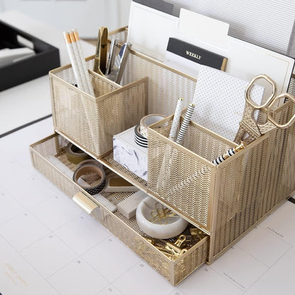 Gold Desk Organizer with Sticky Note & File Holder – Office Accessories & Workspace Storage, Vanity & Bathroom Countertop Organizer