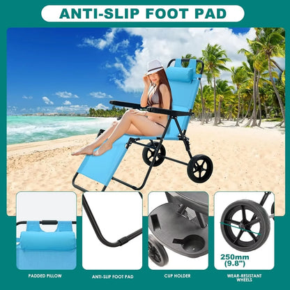 Lightweight Beach Chair, 2-In-1 Beach Chair Combo Cart Lounge Chair with Heavy Wheels, Outdoor Sunbathing Folding Beach Tanning Chair Sun Chair for Beach, Pool or Picnic