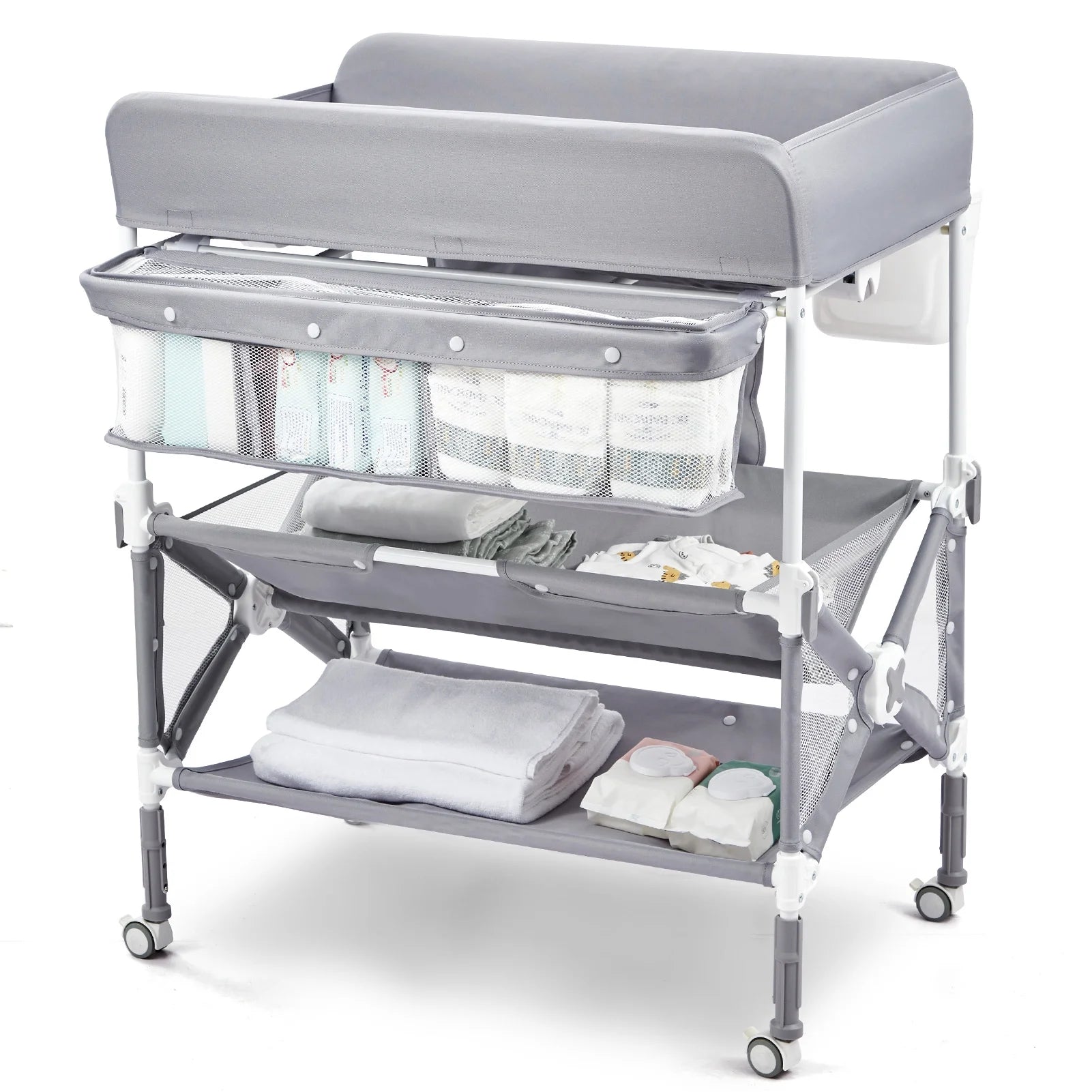 Portable Baby Changing Table with Wheels,Adjustable Height ,Foldable Diaper Change Table with Cleaning Bucket , Nursery Organizer & 2 Tier Storage Rack, Infant Newborn Mobile Nursery Organizer