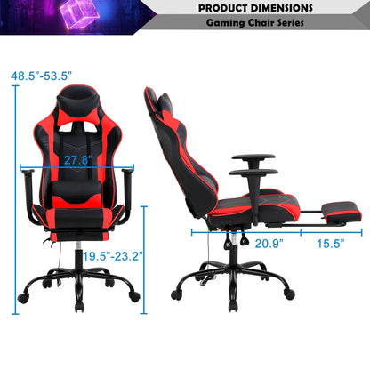 Gaming Chair Racing Office Chair Ergonomic Desk Chair Massage PU Leather Recliner PC Computer Chair with Lumbar Support Headrest Armrest Footrest Rolling Swivel Task Chair for Adults, Red