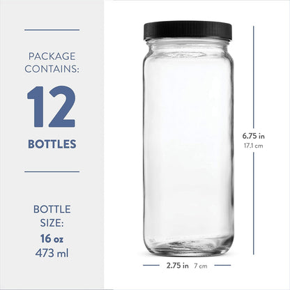 Travel Glass Drinking Bottle Mason Jar 16 Ounce [12-Pack] Plastic Airtight Lids, Reusable Glass Water Bottle for Juicing, Smoothies, Kombucha, Tea, Milk Bottles, Homemade Beverages Bottle, (Black Lids)