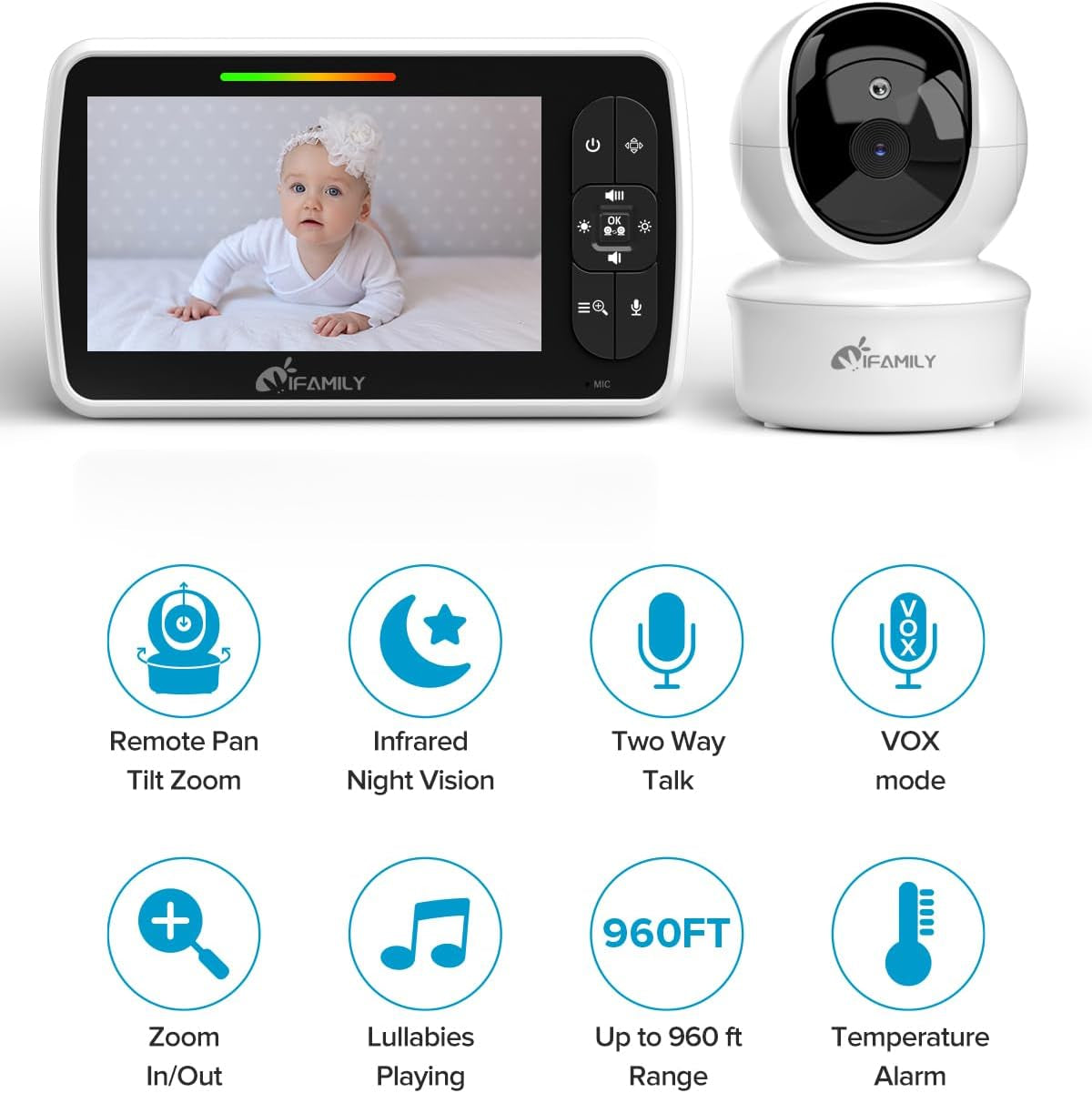 Baby Monitor - Large 5" Screen with 30Hrs Battery Life - Remote Pan-Tilt-Zoom;