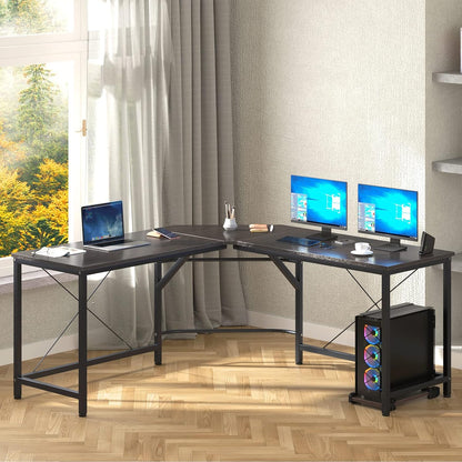 L-Shaped Computer Desk 59 Inches X 59 Inches, Composite Wood and Metal, Home Office PC Laptop Study Workstation Corner Table with CPU Stand, Brown Black and Black Legs, ZJ02-BB