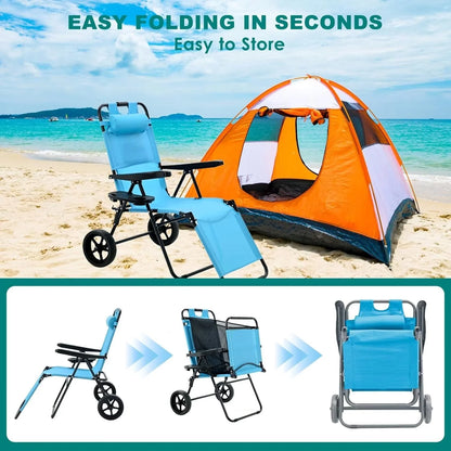 Lightweight Beach Chair, 2-In-1 Beach Chair Combo Cart Lounge Chair with Heavy Wheels, Outdoor Sunbathing Folding Beach Tanning Chair Sun Chair for Beach, Pool or Picnic