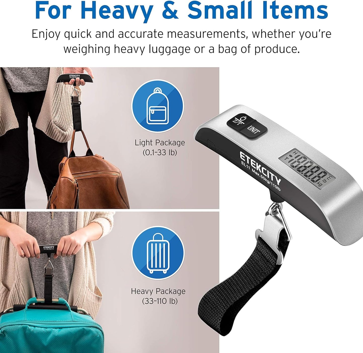 Luggage Scale for Travel Essentials, Digital Suitcase Weight Scale with Hook, Travel Accessories for Portable Hanging Baggage, 110 Pounds, Battery Included