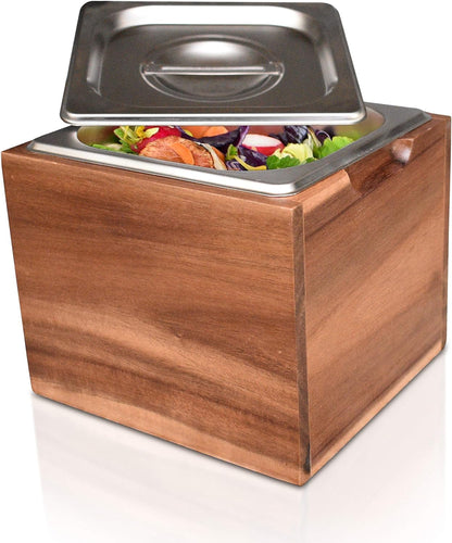 Kitchen Compost Bin- Rust Proof Stainless Steel Insert, Countertop Compost Bin with Lid and Acacia Wood Box- Small Compost Bin Kitchen